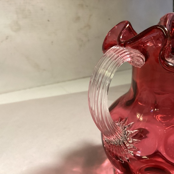 Fenton cranberry glass, pitcher with clear ribbed handle - Picture 5 of 7